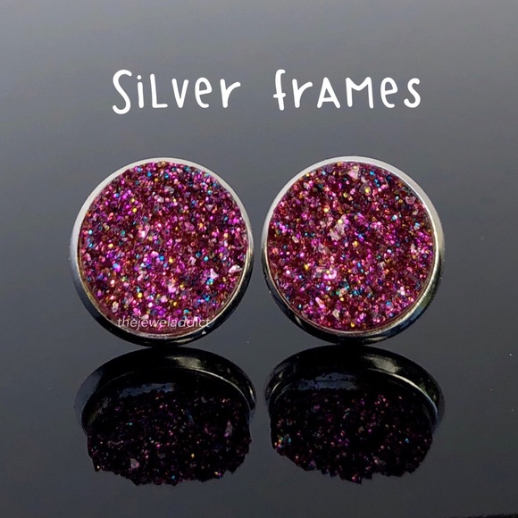 3 for 15🎀magenta glitter faux Druzy silver studs - Picture 5 of 14